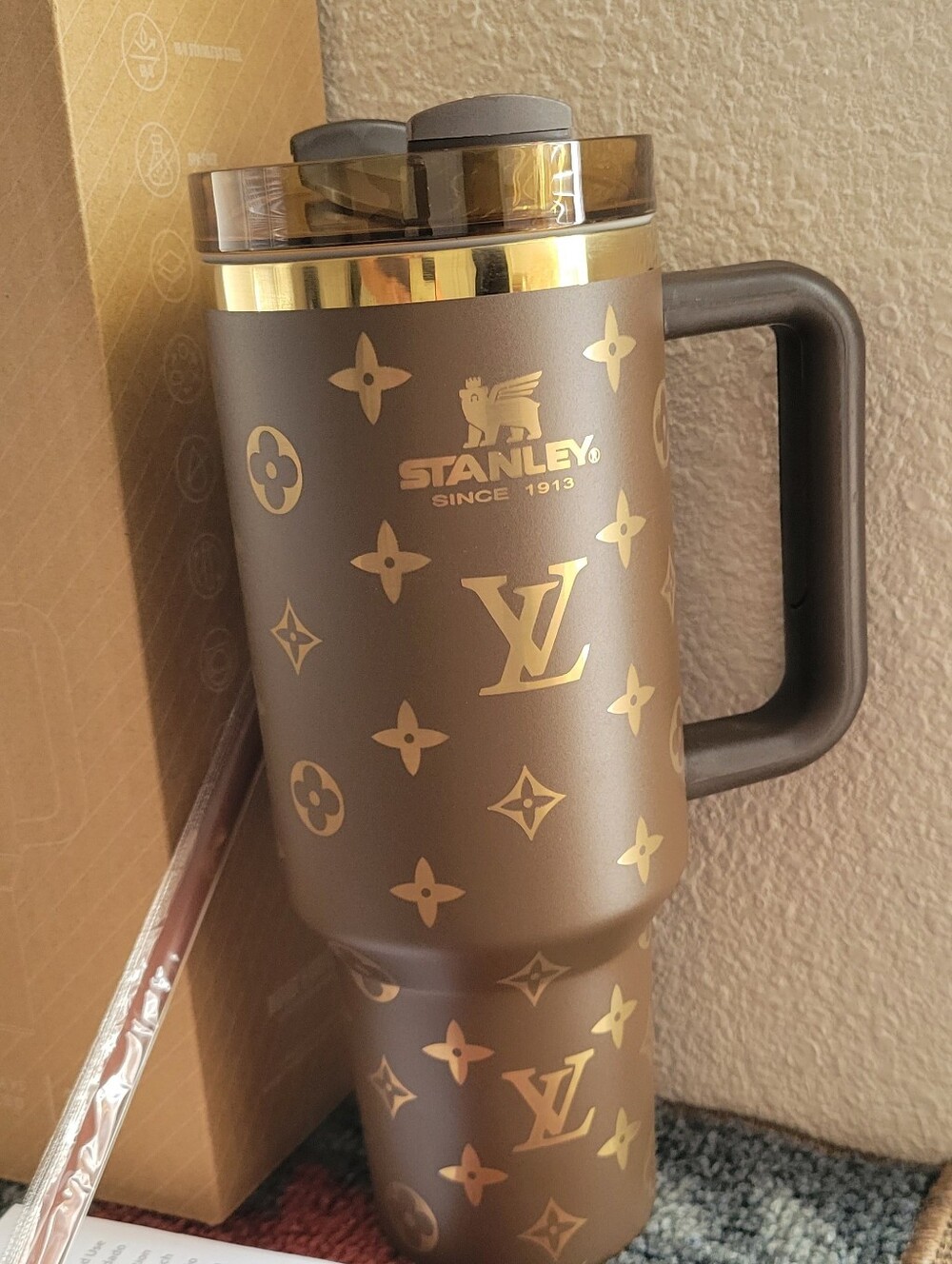 Stanley Brown Tumbler with Pink Floral Accents